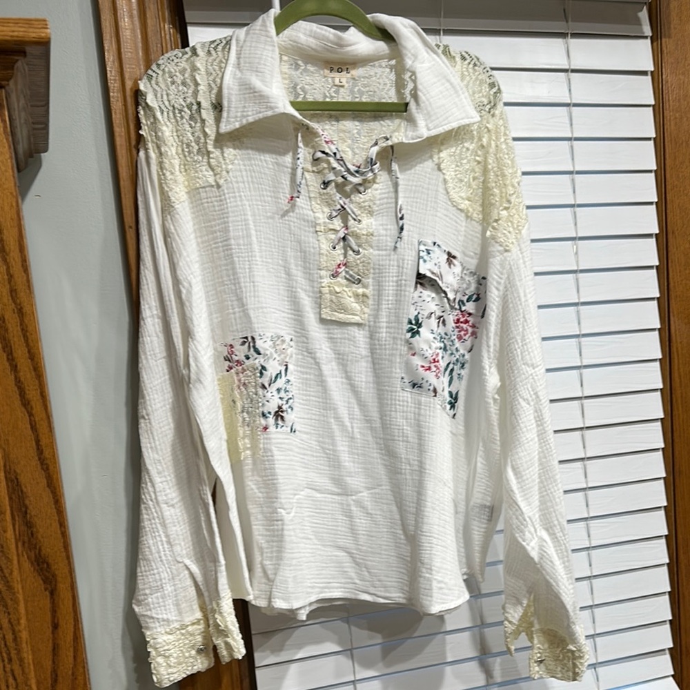 POL White Cream Cuffed Henley Top
